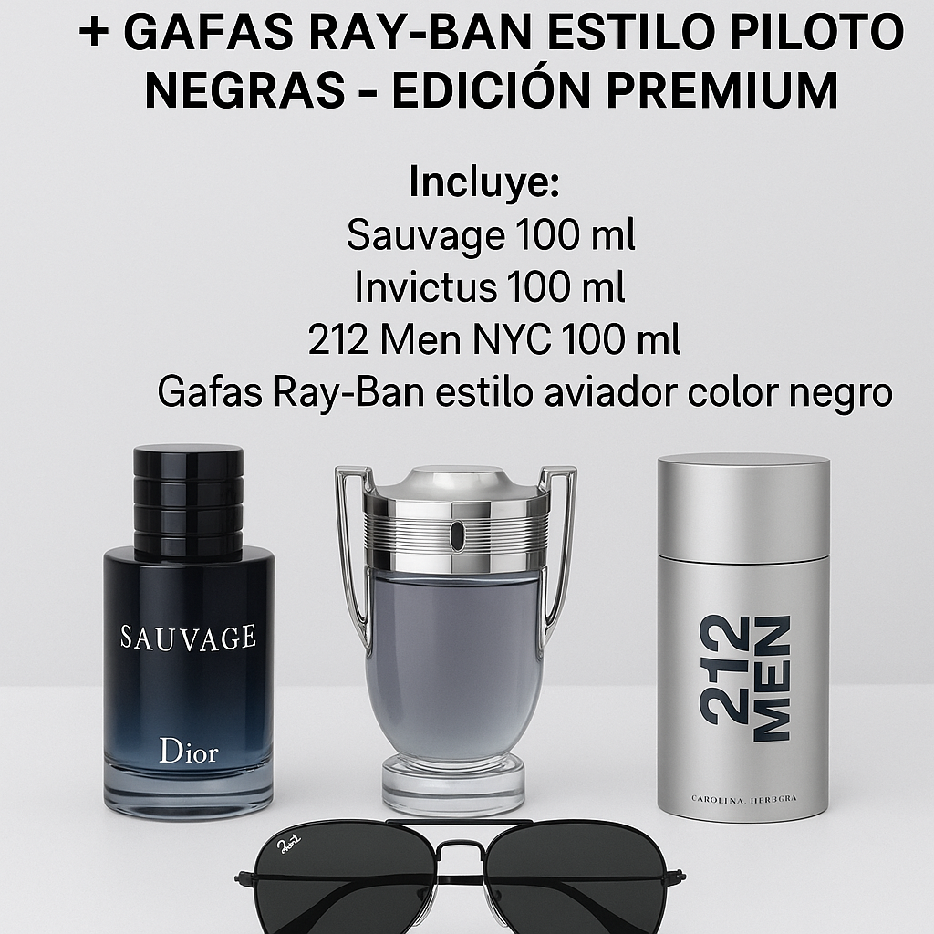 🧴 Kit de Perfumes para Hombre x3 + Gafas Ray-Ban Estilo Piloto Negras – Edición Premium